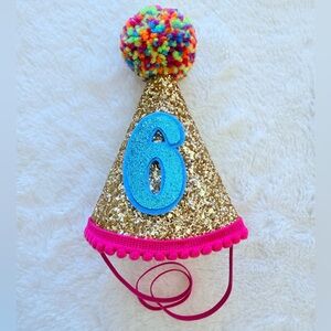 Gold Glitter Party Hat with Rainbow Pom - 6th Birthday